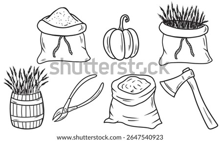 Agricultural items equipment sacks, pumpkin, barrel, axe, pliers ,bag with wheat drawing in black isolated on white. Hand drawn vector sketch illustration in doodle engraved vintage line art