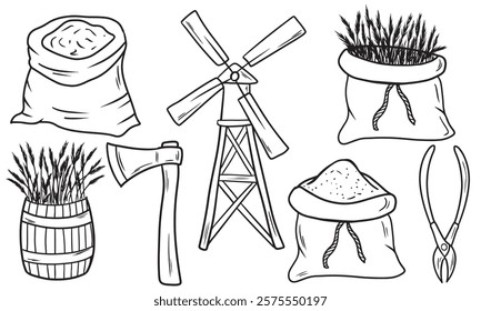 Agricultural items equipment sacks, windmill, barrel, axe, pliers ,bag with wheat drawing in black isolated on white. Hand drawn vector sketch illustration in doodle engraved vintage line art