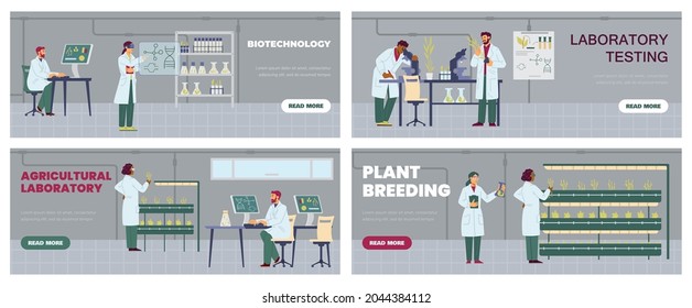 Agricultural laboratory banners set with scientists and biologists examining plants, flat vector illustration. Plants breeding, selection and quality control.