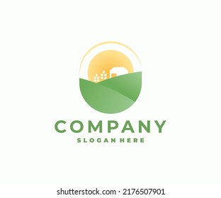 Agricultural land with barn country farm logo design. Rural landscape with green hill and sunlight modern vector design. Farmer house and sunset over green field logotype