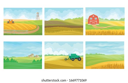 Agricultural Lands with Barn Houses and Cultivated Fields Vector Scenes Set