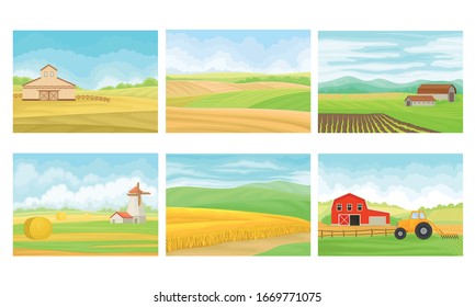 Agricultural Lands with Barn Houses and Cultivated Fields Vector Scenes Set