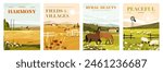 Agricultural landscape covers. Farm panorama with combine harvester, trees and animals, farm scene with tractor and animals. Vector rural panoramic illustration. Countryside with horses and sheep