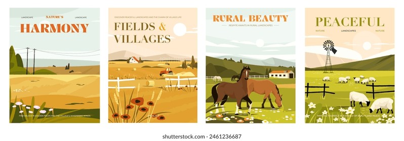 Agricultural landscape covers. Farm panorama with combine harvester, trees and animals, farm scene with tractor and animals. Vector rural panoramic illustration. Countryside with horses and sheep