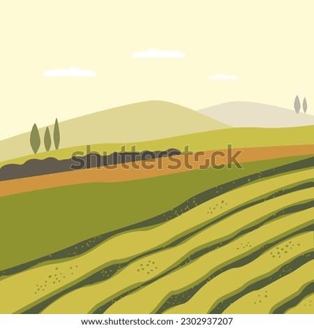 Agricultural landscape, farming concept. Vector illustration earthy natural colors modern flat style. lands, fields, hills