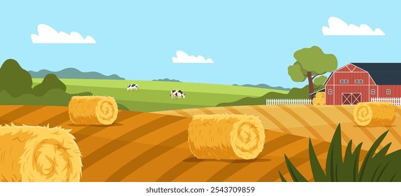 Paisagem agrícola. Rolos de feno no campo do agricultor, grama seca para ração de gado, palha amarela, caules de trigo, colheita, fundo da aldeia, plano de desenho animado isolado hoje em dia vetor conceito