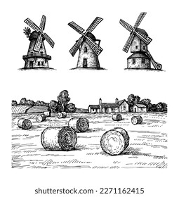 Agricultural landscape. Haystack field and mills sketches. Vintage style ink drawings.