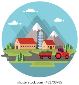 Agricultural landscape. Red tractor on a farm background..  Flat design style vector illustration.