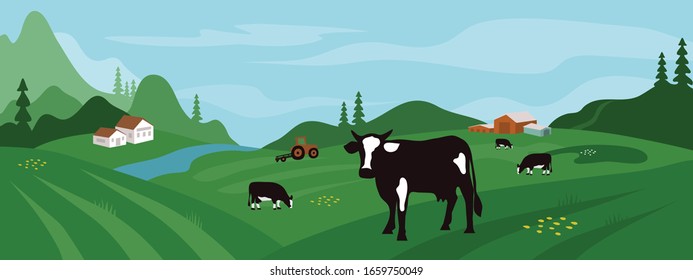Agricultural landscape with tractor and cows. Horizontal vector illustration of livestock, farm animals, Alpine meadow, farmer house and river. Background with nature view for dairy, milk packaging.