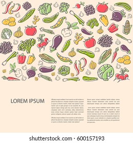 Agricultural leaflet template with hand drawn vegetables, flat style vector. Various organic product for healthy food. Place for text
