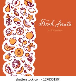Agricultural leaflet template with hand has drawn fruit. Flat style vector illustration. Various organic product for healthy food. The place for text. Vertical fruits pattern.