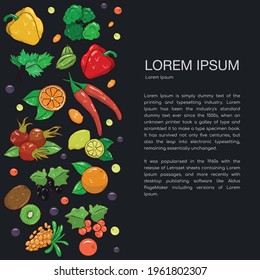 Agricultural leaflet template with hand-drawn vegetables, fruits and berries. Various organic products for a healthy diet. Space for the text. Stock illustration. Dark background. Vertical