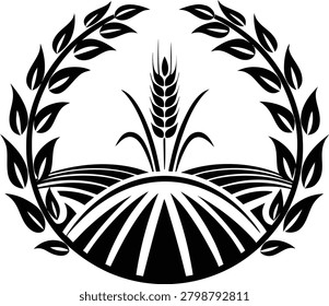 Agricultural logo design with wheat ear and cultivated field inside a circular laurel wreath frame