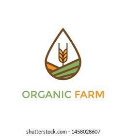 agricultural logo template with a symbol of wheat and rural scenery in water droplets