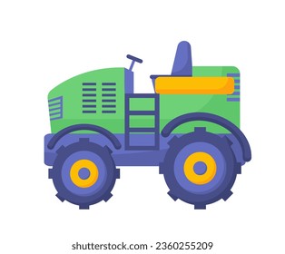 Agricultural machine concept. Green vehicle and car for rural countryside and farm. Automatization of farming in village. Template, layout and mock up. Cartoon flat vector illustration