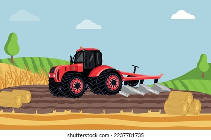 Agricultural machine flat composition with hay rolls and tractor with plough working on field vector illustration