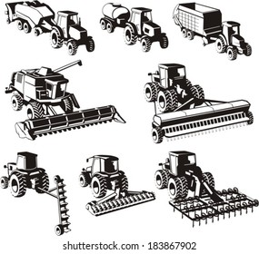 agricultural machine silhouettes set