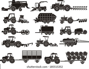 agricultural machine silhouettes set