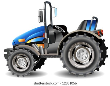 Agricultural machine, tractor in dark blue color, isolated object, vector an illustration