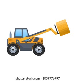 Agricultural machine, transport, farm tractor. Agricultural hoist, loader, hay gathering and harvesting of fields. Machinery, industrial means of re-heating. Technique for field. Vector illustration.