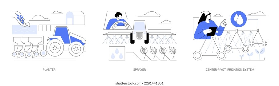 Conjunto de ilustraciones vectoriales abstractas de maquinaria agrícola. Semillas de siembra plantadoras, granjero en máquina de pulverización trata plantas con herbicidas, metaforia abstracta del sistema de riego central-pivot.