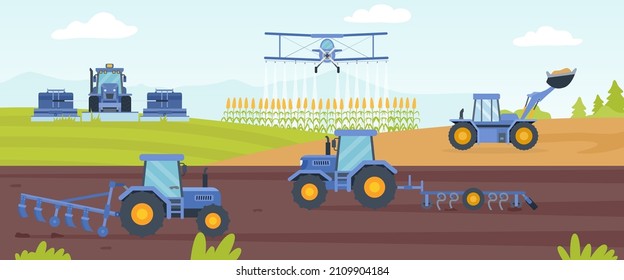 Agricultural machinery banner with farm field landscape and tractor. Combines cultivating soil for crop. Agriculture industry vector concept. Agro equipment tillaging and spraying farmland