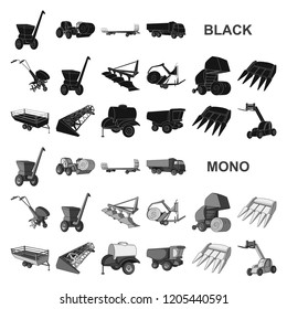 Agricultural machinery black icons in set collection for design. Equipment and device vector symbol stock web illustration.