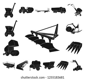 Agricultural machinery black icons in set collection for design. Equipment and device vector symbol stock web illustration.