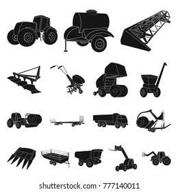 Agricultural machinery black icons in set collection for design. Equipment and device vector symbol stock web illustration.