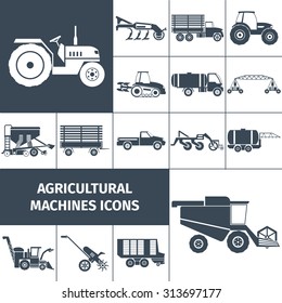 Agricultural machinery black white square icons set with farming equipment and transport flat isolated vector illustration 