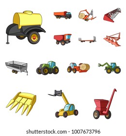 Agricultural machinery cartoon icons in set collection for design. Equipment and device vector symbol stock web illustration.