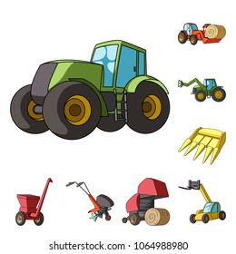 Agricultural machinery cartoon icons in set collection for design. Equipment and device vector symbol stock web illustration.