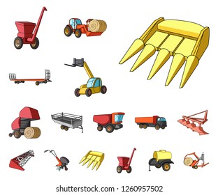 Agricultural machinery cartoon icons in set collection for design. Equipment and device vector symbol stock web illustration.