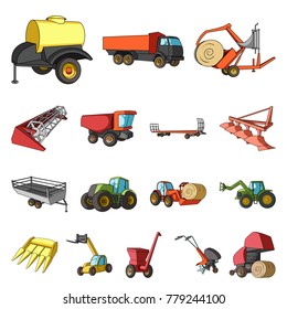 Agricultural machinery cartoon icons in set collection for design. Equipment and device vector symbol stock web illustration.