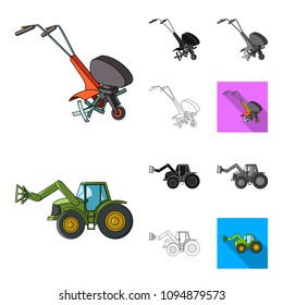 Agricultural machinery cartoon,black,flat,monochrome,outline icons in set collection for design. Equipment and device vector symbol stock web illustration.