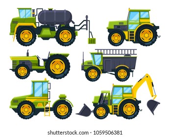 Agricultural machinery. Colored pictures in cartoon style. Vector machinery farm, equipment tractor for farming illustration