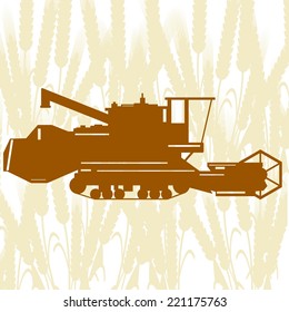 Agricultural machinery. Combine harvester on background of cereal ears.