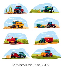 Agricultural machinery. Farm vehicle agricultural harvest machine, combine balers tillage seed manure spreader spraying tractor field seeding machine, recent vector illustration original artwork