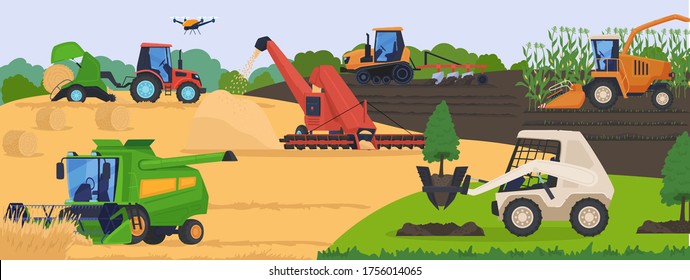 Agricultural machinery in field, harvest vehicle equipment and rural transport, vector illustration. Farmland cultivation, plowing and harvesting, agriculture industry machines. Haystack wheat crop svg