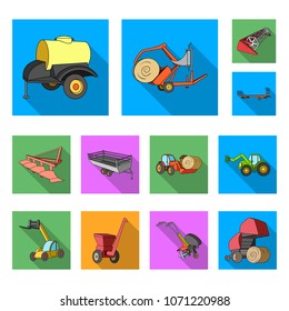 Agricultural machinery flat icons in set collection for design. Equipment and device vector symbol stock web illustration.