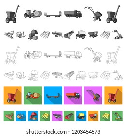 Agricultural machinery flat icons in set collection for design. Equipment and device vector symbol stock web illustration.
