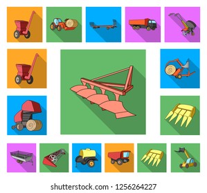 Agricultural machinery flat icons in set collection for design. Equipment and device vector symbol stock web illustration.