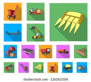 Agricultural machinery flat icons in set collection for design. Equipment and device vector symbol stock web illustration.