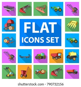 Agricultural machinery flat icons in set collection for design. Equipment and device vector symbol stock web illustration.