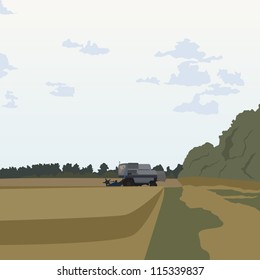Agricultural machinery for harvesting. Combine harvester in wheat field.