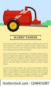 Agricultural machinery icon cartoon vector banner. Single metal slurry tanker, isolated on landscape, new technique and farming equipment poster.