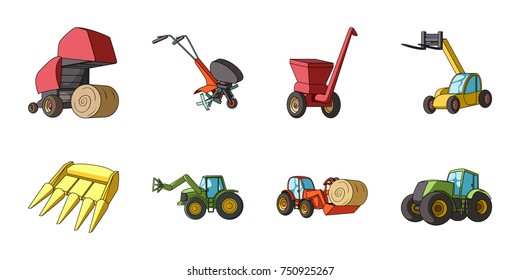 Agricultural machinery icons in set collection for design. Equipment and device vector symbol stock  illustration.