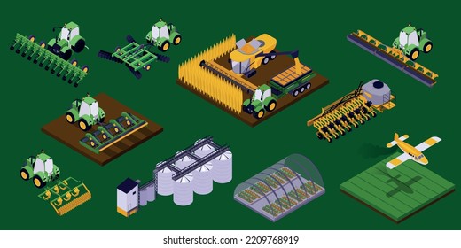 Agricultural machinery isometric set of combine harvester grain elevator harrow plough cultivator roller planter isolated vector illustration
