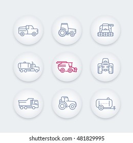 Agricultural machinery line icons set, tractor, combine harvester, grain harvesting combine, truck, pickup