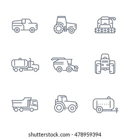 Agricultural machinery line icons, tractor, truck, pickup, harvester, combine, agricultural vehicles, isolated on white
